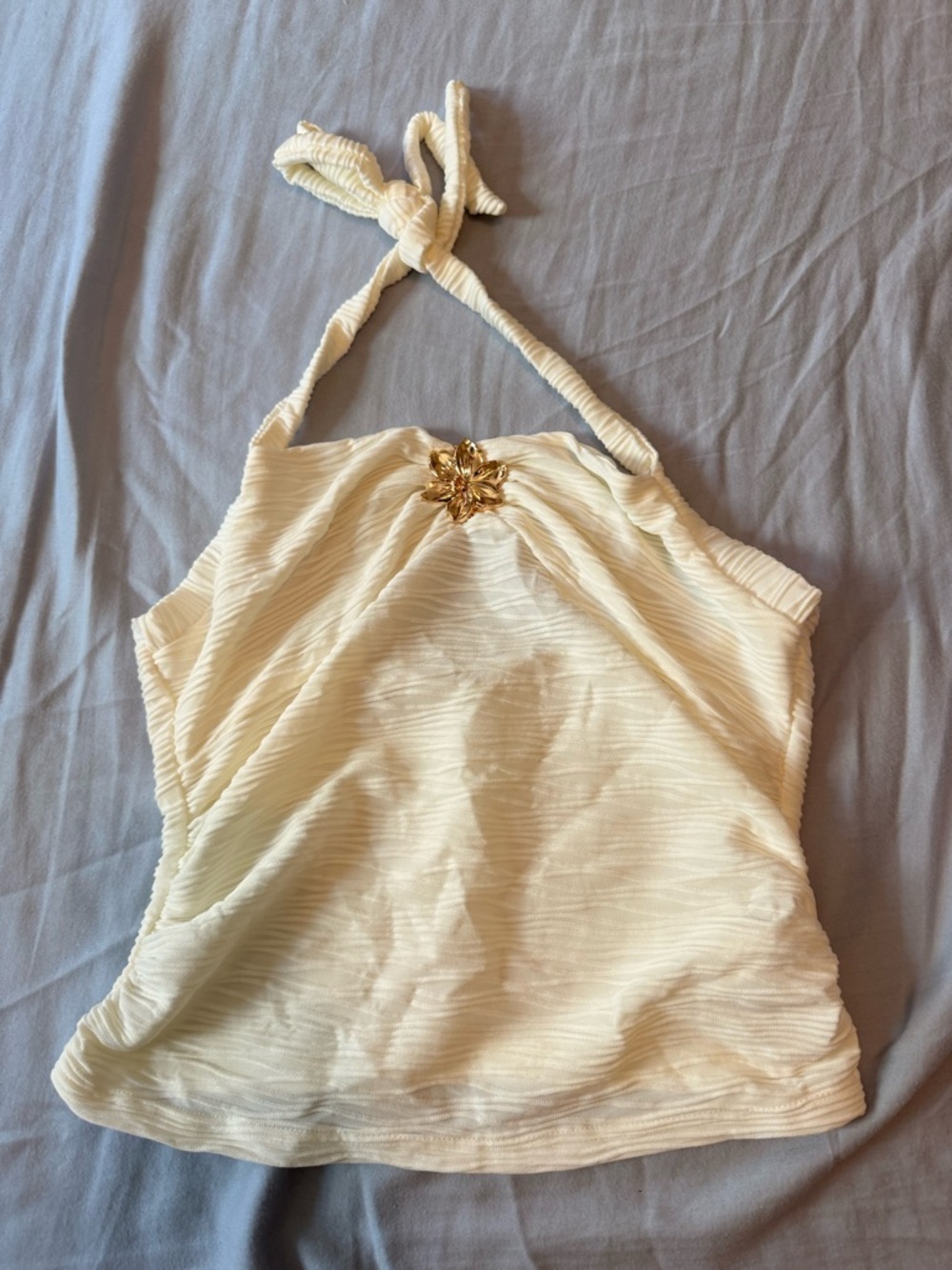 Cream Halter Tank Top with Gold Floral Accent